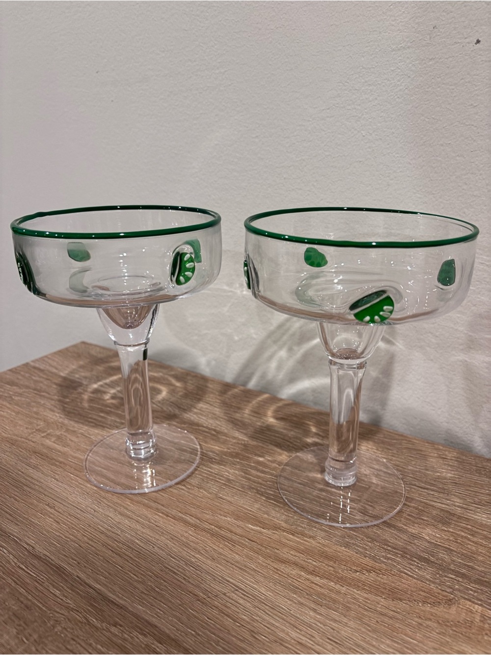 Hand-Blown Green Rim Margarita Glasses - Set of 2